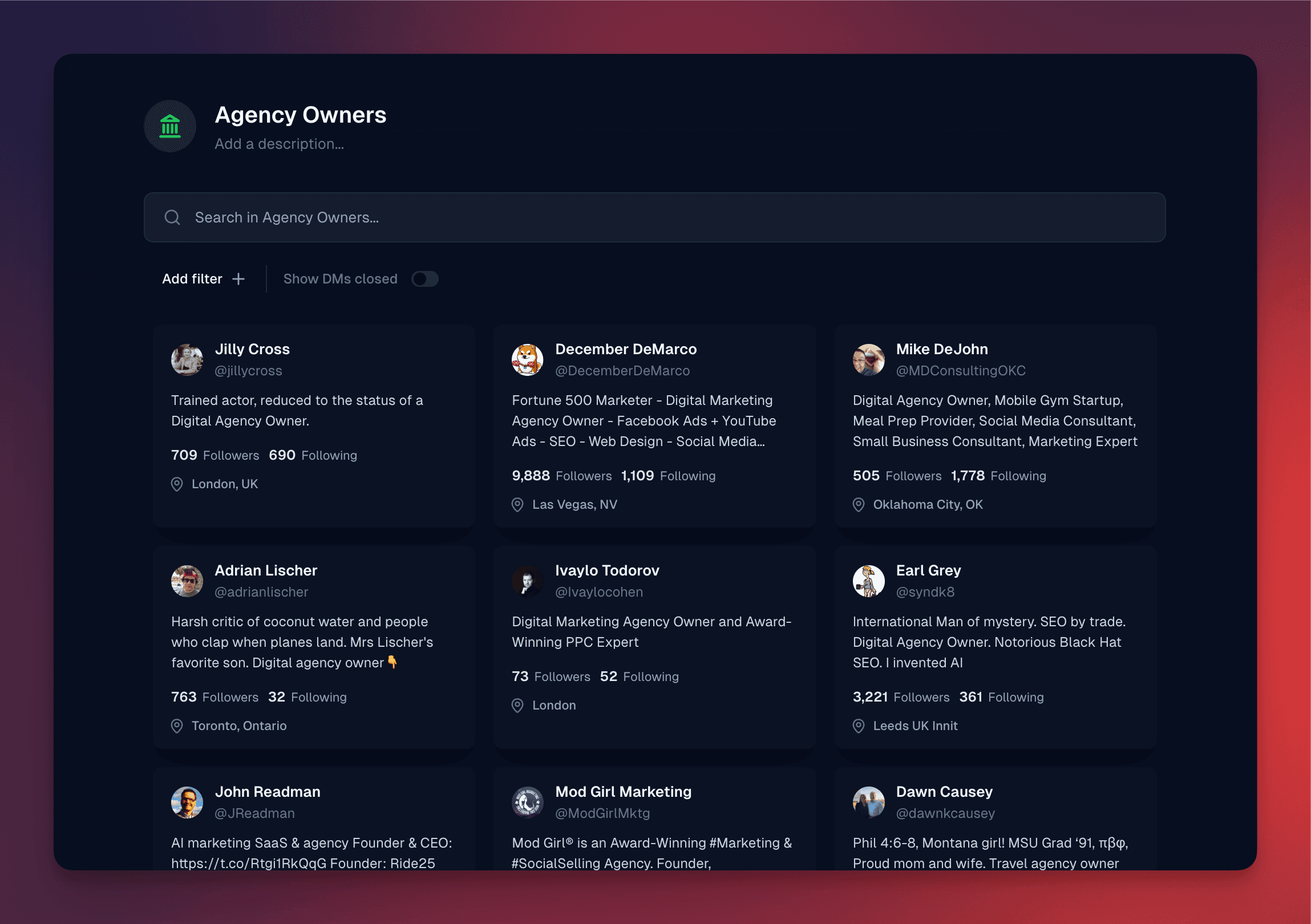 Lead list selection screen in Inbox